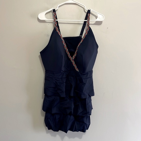 Swim by Cacique Lane Bryant navy ruffle swim top weaved rainbow trim - Picture 1 of 5